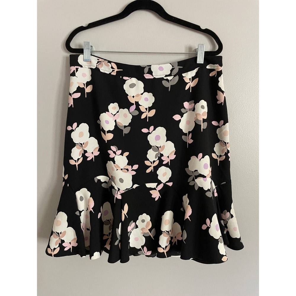 Kate Spade Floral Flounce Skirt Women 14 Black Pink Ruffle Hem Skirt the Rules